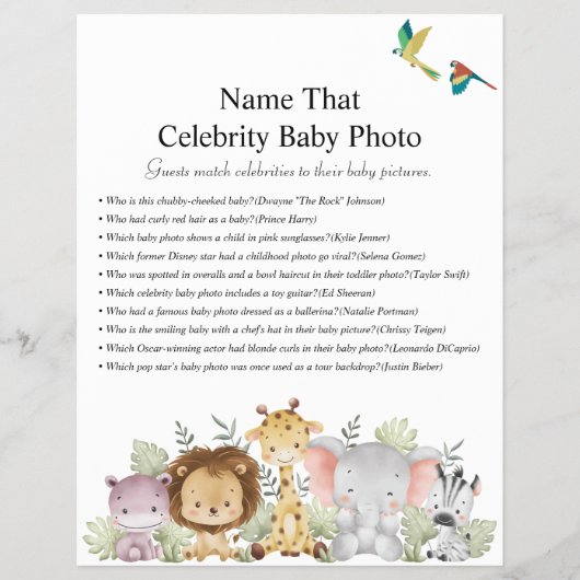 Jungle Safari Baby Showspiele Flyer (Vorne)