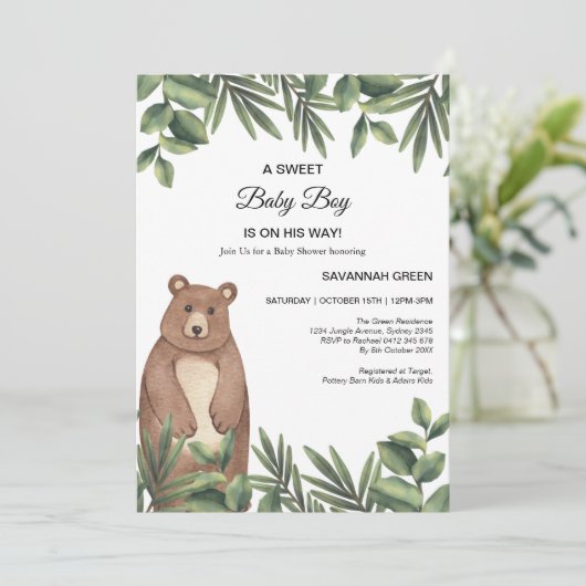 Jungle Safari Bear Boy Baby Dusche Einladung (Stehend Vorderseite)