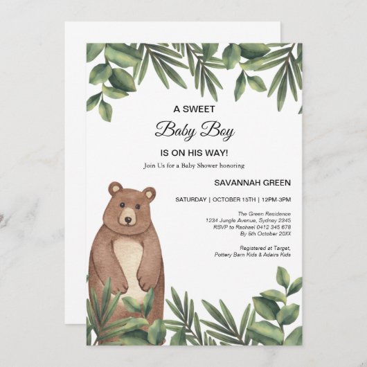 Jungle Safari Bear Boy Baby Dusche Einladung (Vorne/Hinten)