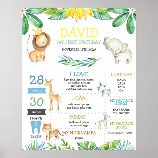 Jungle Safari Boy First Birthday Milestone Poster (Vorne)