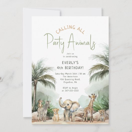 Jungle Safari "Calling All Party Animals" Geburtst Einladung (Vorderseite)