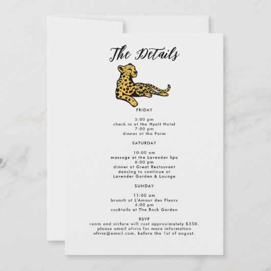 Jungle Safari Cheetah Junggeselinnen-Abschied Itin Einladung (Rückseite)