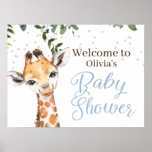 Jungle Safari Giraffe Blue Welcome Baby Dusche Poster