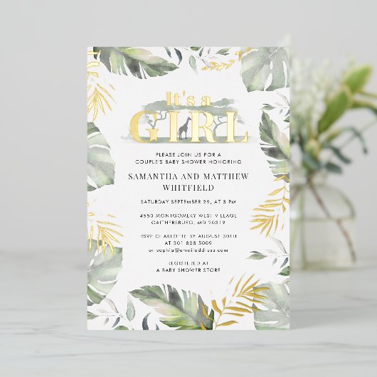 Jungle Safari Giraffe Girls Baby Dusche Gold Folieneinladung (Stehend vorne)