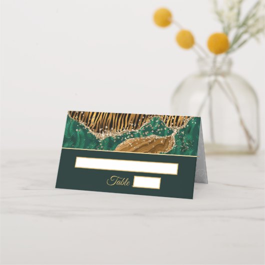 Jungle Safari Green Glitzer Wedding Platzkarte (Vorderseite)