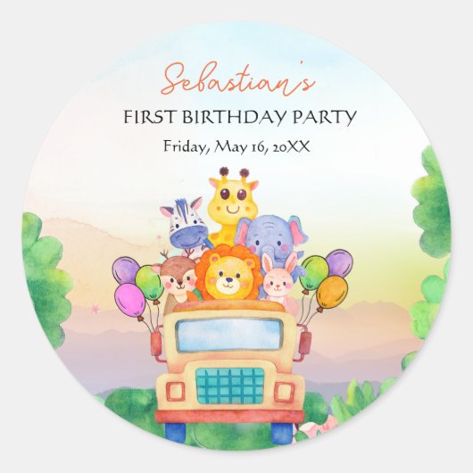 Jungle Safari Ride Theme 1st Birthday Runder Aufkleber (Vorderseite)