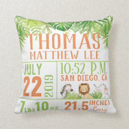 Jungle Safari Tiere Birth Stats Baby Boy Kinderzim Kissen