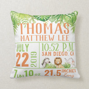 Jungle Safari Tiere Birth Stats Baby Boy Kinderzim Kissen