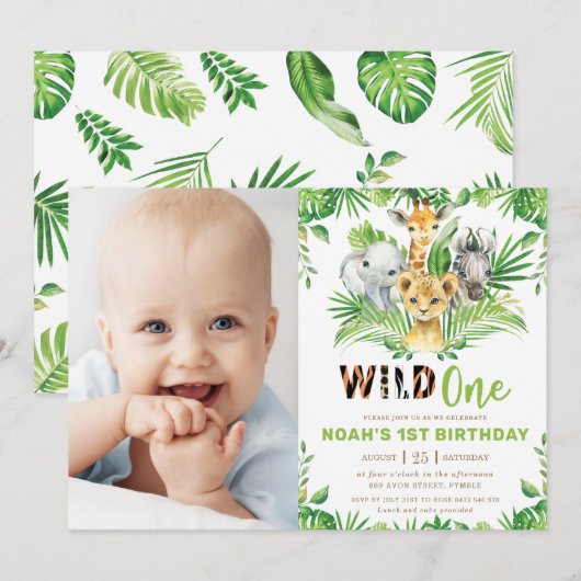 Jungle Safari Tiere Grüne 1. Geburtstag Foto Einladung (Vorne/Hinten)