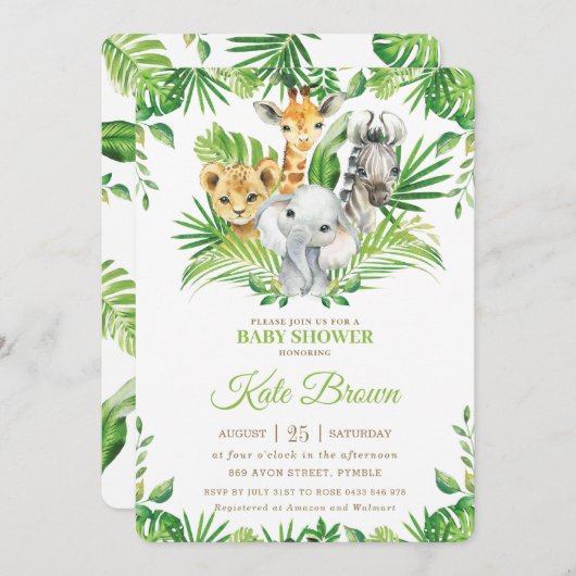 Jungle Safari Tiere Grüne Nuetral Babydusche Einladung (Vorne/Hinten)