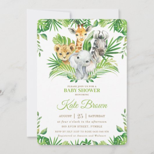 Jungle Safari Tiere Grüne Nuetral Babydusche Einladung (Vorderseite)