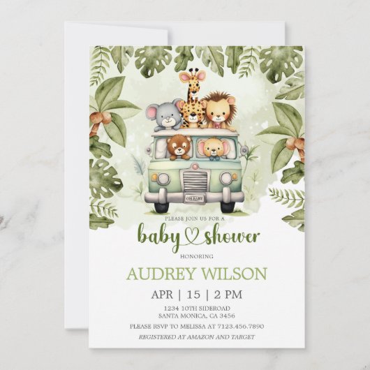 Jungle Safari Tiere im Auto Einladung (Vorderseite)