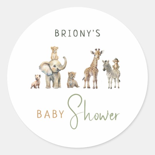 Jungle Safari Tiere Kinderdusche mit Name Gefallen Runder Aufkleber (Vorderseite)