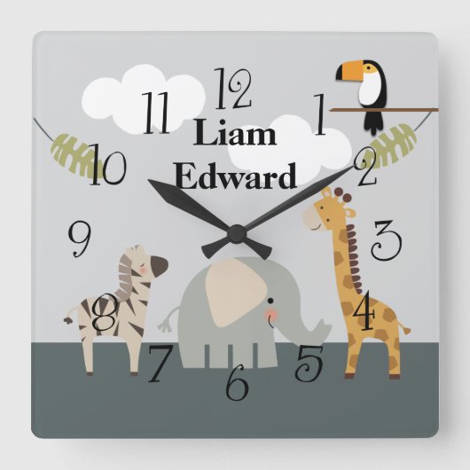 Jungle Safari Tiere Kinderzimmer Wall Clock Quadratische Wanduhr (Vorderseite)