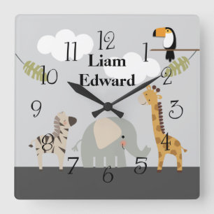 Jungle Safari Tiere Kinderzimmer Wall Clock Quadratische Wanduhr