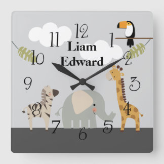 Jungle Safari Tiere Kinderzimmer Wall Clock Quadratische Wanduhr