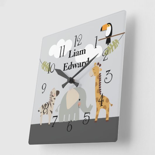 Jungle Safari Tiere Kinderzimmer Wall Clock Quadratische Wanduhr (Winkel)