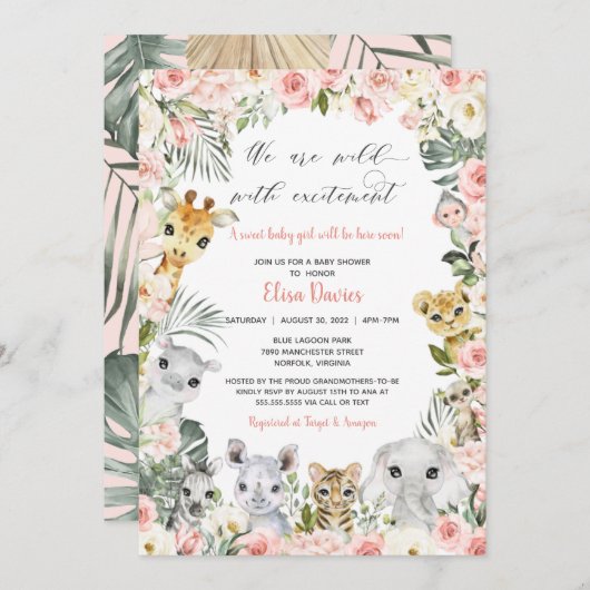 Jungle Safari Tiere Rosa Baby Dusche Einladung (Vorne/Hinten)