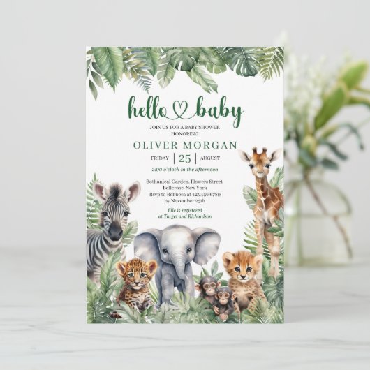 Jungle Safari Tiere tropisches Grün Einladung (Stehend Vorderseite)