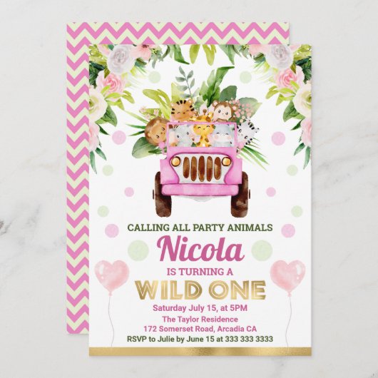 Jungle Safari Tiere Wasserfarben Jungfrau Geburtst Einladung (Vorne/Hinten)