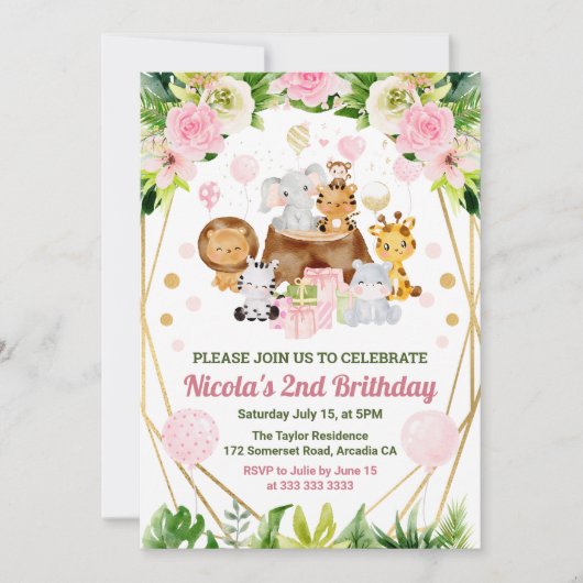 Jungle Safari Tiere Wasserfarben Jungfrau Geburtst Einladung (Vorderseite)