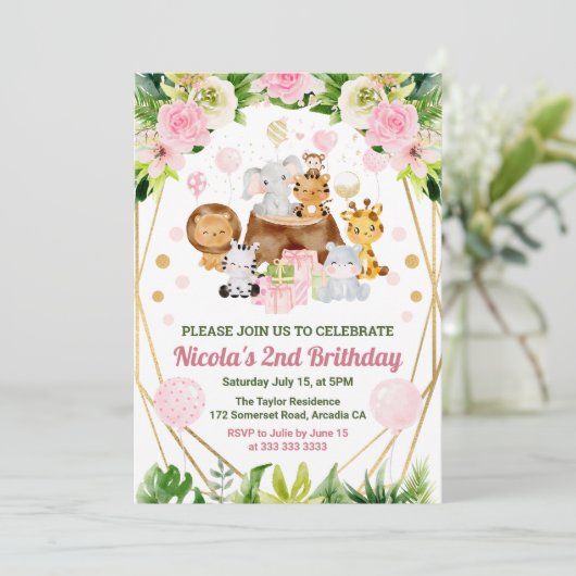 Jungle Safari Tiere Wasserfarben Jungfrau Geburtst Einladung (Stehend Vorderseite)