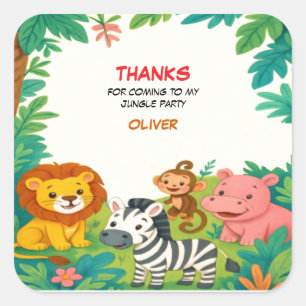 Jungle Safari Tiere zum Geburtstag Danke, Ihr Stic Quadratischer Aufkleber