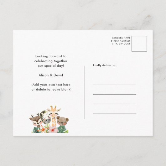 Jungle Safari Tropical Floral Greenery Baby Dusche Einladungspostkarte (Rückseite)