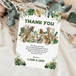 Jungle Safari Wild Animals Boy Baby Shower Dankeskarte<br><div class="desc">Vielen Dank an Ihre Lieben auf die bezauberndste Weise mit unserem Geburtstag danke Ihnen Karten! Dieses skurrile Design, das den Geist des Dschungels perfekt einfängt, wird Ihre Gäste begeistern. Es verfügt über eine Vielzahl wild lebender Tiere, darunter Löwen, Zebras und Elefanten, umgeben von üppigen tropischen Blätter des Dschungels in Grün-...</div>