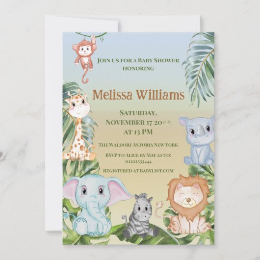 Jungle Safari Wild Animals Palm Monkey Baby Dusche Einladung (Vorderseite)