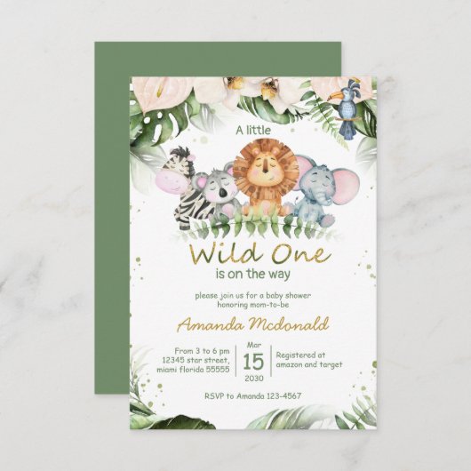 Jungle safari Wild-One-Baby-Dusche Einladung (Vorne/Hinten)