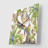 Jungle Scene Tropical Birds, Critters, Foliates Quadratische Wanduhr (Winkel)