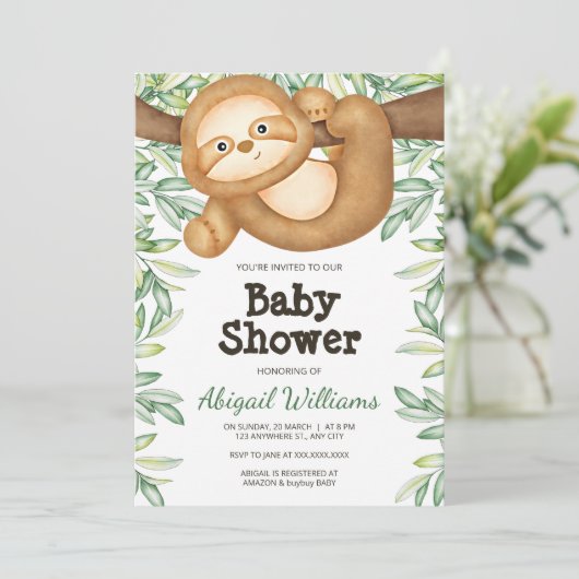 Jungle Sloth Greenery Watercolor Babydusche Einladung (Stehend Vorderseite)