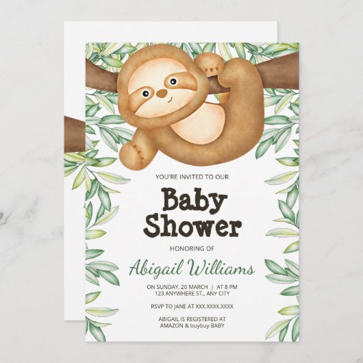 Jungle Sloth Greenery Watercolor Babydusche Einladung (Vorne/Hinten)