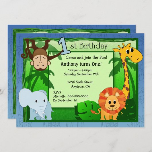 Jungle Thema 1. Geburtstag Einladung (Vorne/Hinten)