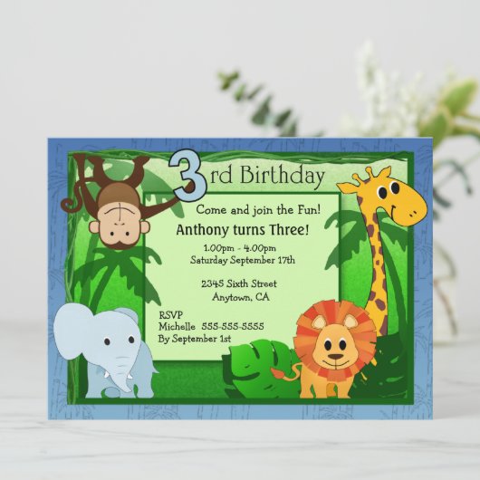 Jungle Theme 3. Geburtstag Einladung (Stehend Vorderseite)