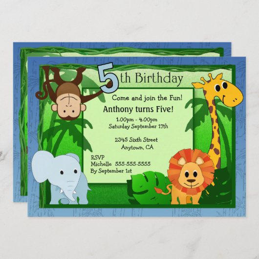 Jungle Theme 5. Geburtstag Einladung (Vorne/Hinten)
