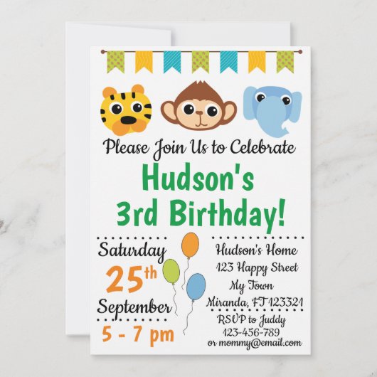 Jungle Tiere Geburtstagseinladungen Einladung (Vorderseite)