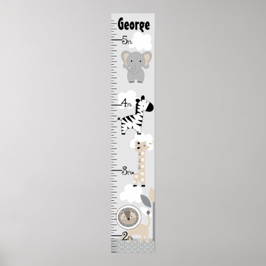 Jungle Tiere Gray Growth Chart Behielt auf 8x44! Poster (Vorne)
