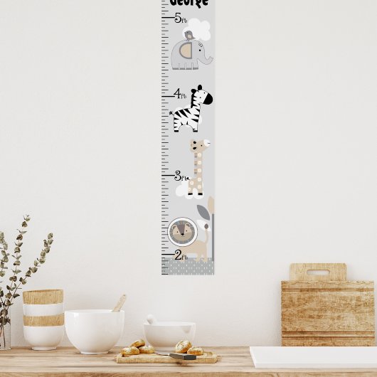 Jungle Tiere Gray Growth Chart Behielt auf 8x44! Poster (Küche)