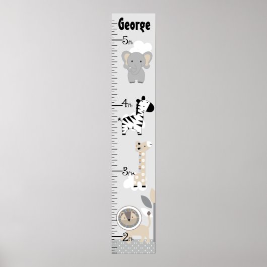 Jungle Tiere Gray Growth Chart Behielt auf 8x44! Poster (Vorne)