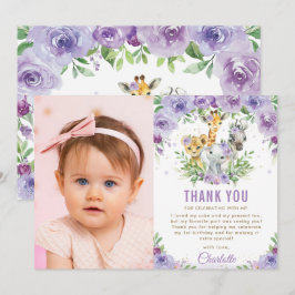 Jungle Tiere Lila Floral 1. Geburtstag Foto Dankeskarte