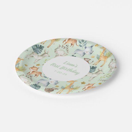 JUngle-Tiere minzen geschlechtsneutral 1. Geburtst Pappteller (Schrägansicht)
