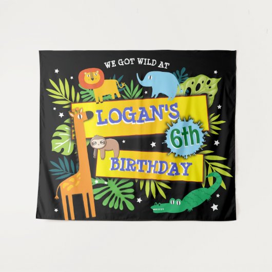 JUNGLE TIERE SAFARI ZOO Birthday BANNER SIGN Wandteppich (Vorderseite (Horizontal))