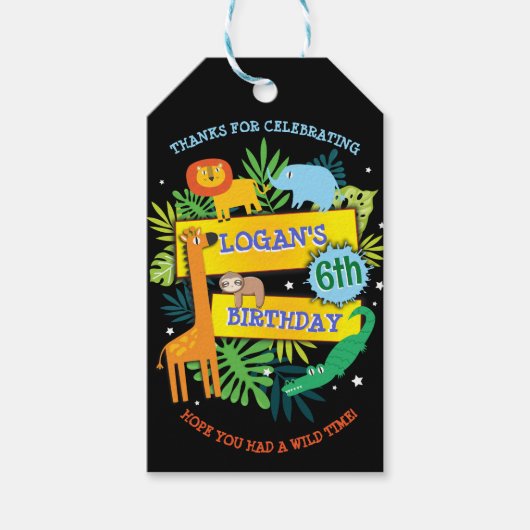 JUNGLE TIERE SAFARI ZOO Geburtstagspapier Geschenkanhänger (Vorderseite)