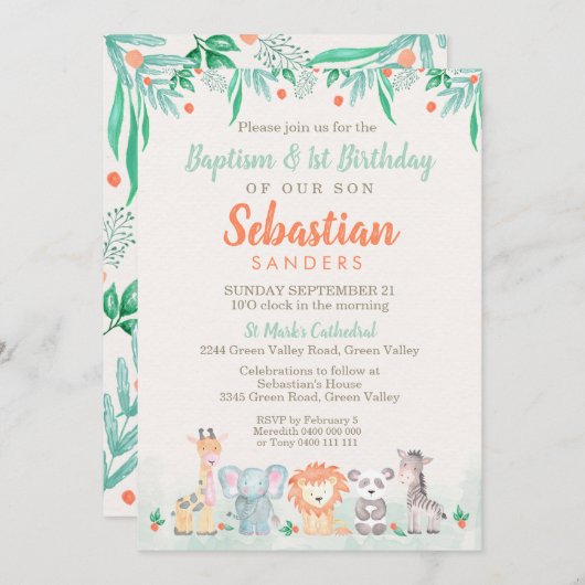 Jungle Tiere Taufe 1. Geburtstag Einladung (Vorne/Hinten)