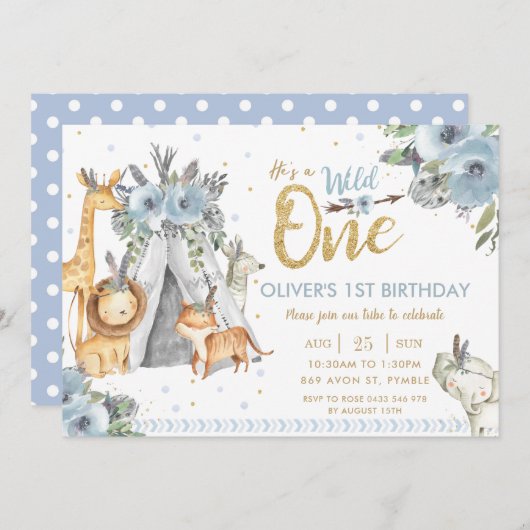 Jungle Tiere Tribal Blue Wild 1. Geburtstag Einladung (Vorne/Hinten)