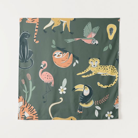 Jungle Tiere Vintag Flora Fauna Wandteppich (Vorderseite)