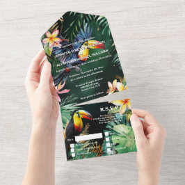 Jungle toucan bird watercolor frangipani monstera all in one einladung