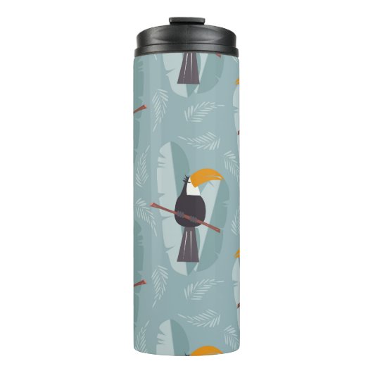 Jungle Toucan, nahtlos blauer Hintergrund. Thermosbecher (Vorderseite)
